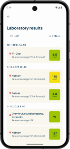 Screenshot of the Fimlab mobile app’s test result view. The app displays results within the reference range in green and those outside the reference range in yellow.