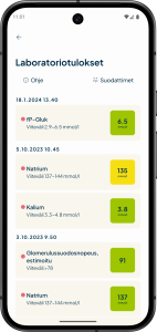 Näyttökuva Fimlab-mobiilisovelluksen tutkimustulosnäkymästä. Sovellus näyttää viitealueella olevat tutkimustulokset vihreällä ja viitealueen ulkopuolella olevat keltaisella.
