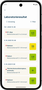 Skärmbild från Fimlab-mobilappen, vy över provresultat. Appen visar resultat inom referensintervallet i grönt och resultat utanför referensintervallet i gult.